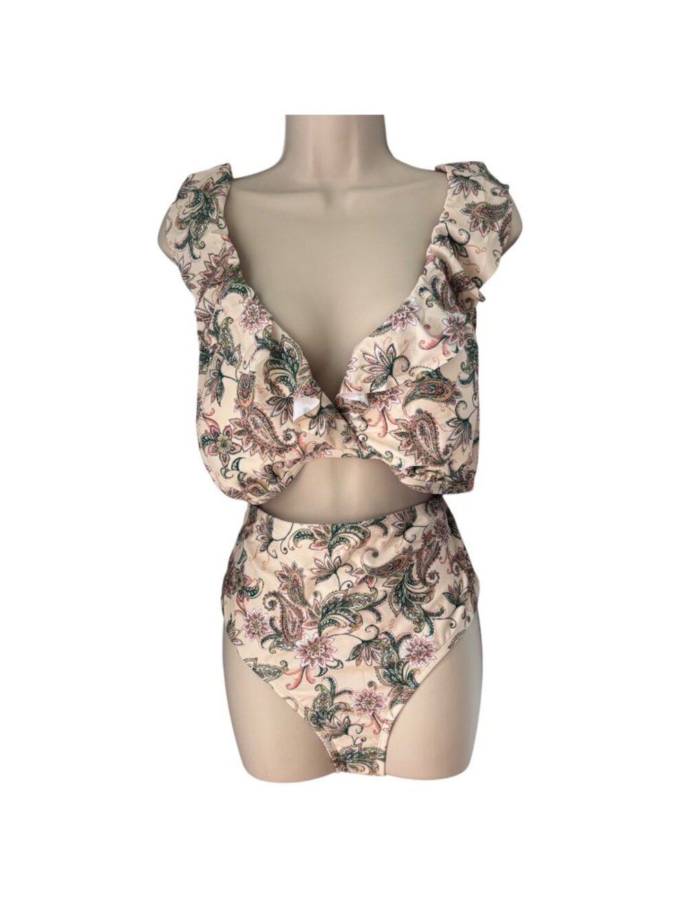 Cupshe Bikini Sz 3X C / D Flutter Sleeve Top High Rise Bottoms Floral Paisley NW